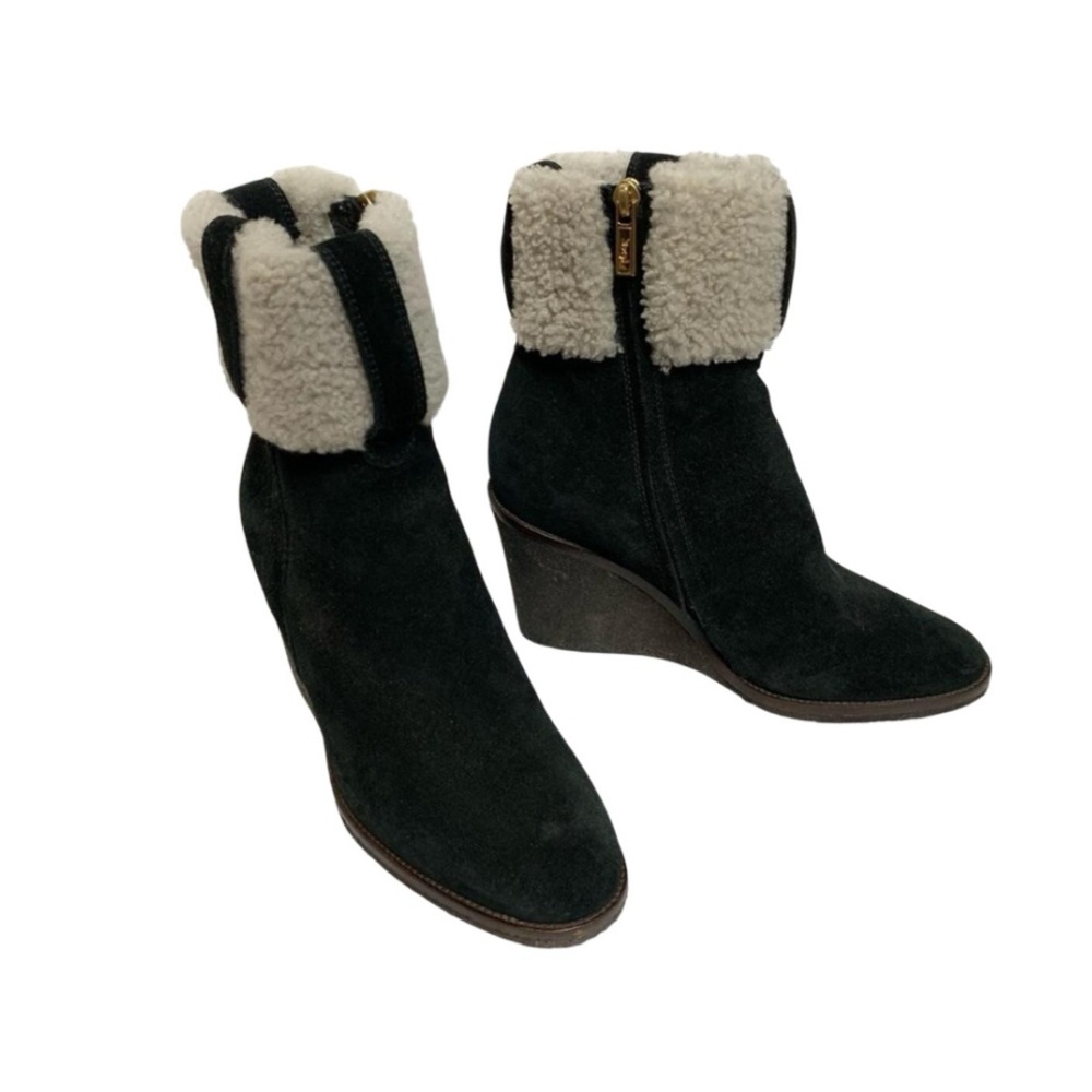 Yves Saint Laurent YSL Wedge Aspen Suede Black Boots shearling Fur 37.5